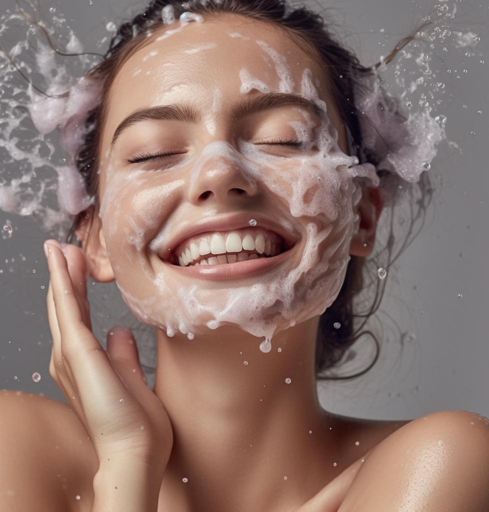 Frau wäscht fröhlich Ihr Gesicht